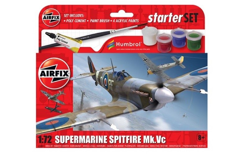 Airfix Supermarine Spitfire Mk.Vc model kit packaging with plane illustration and paint set details.