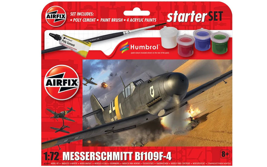 Airfix model kit packaging for Messerschmitt BF109F-4 with paint set and tools on a white background
