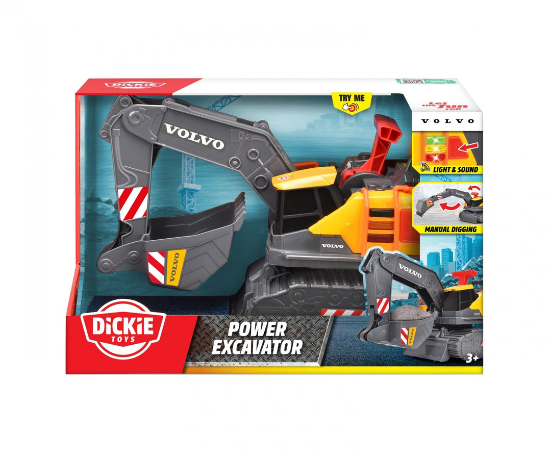 Toy excavator set in packaging with Volvo branding and Dickie Toys logo.