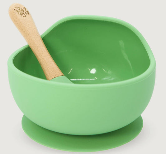 Silicone Suction Bowl and Spoon Set Green