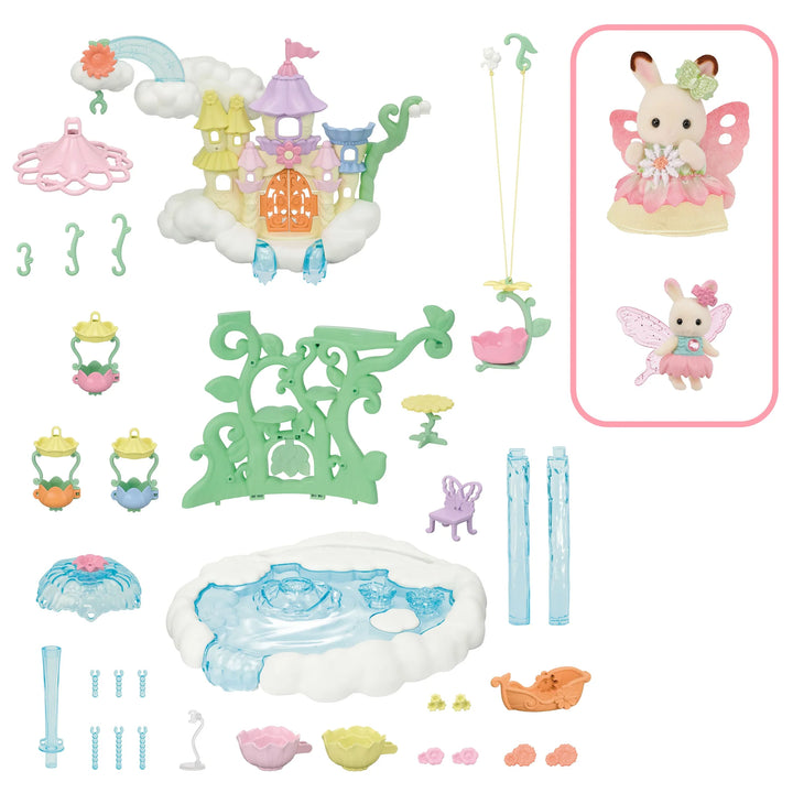 Set of toy figurines and accessories including a fairy and castle on a white background