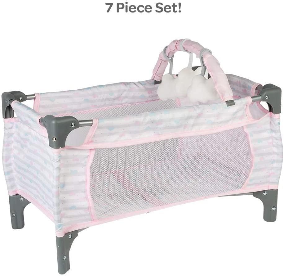 7-piece baby playpen set with mesh sides and pink trim on a white background