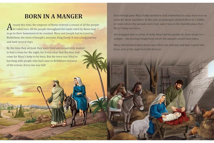 Illustration of the nativity scene with Mary, Joseph, and baby Jesus in a stable, surrounded by animals and people.