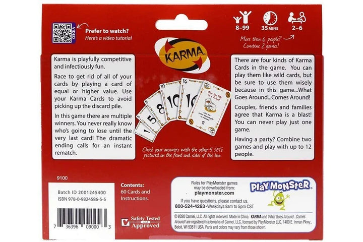 Card game packaging with Karma logo and game instructions on a red background for sale at kidzstuffonline