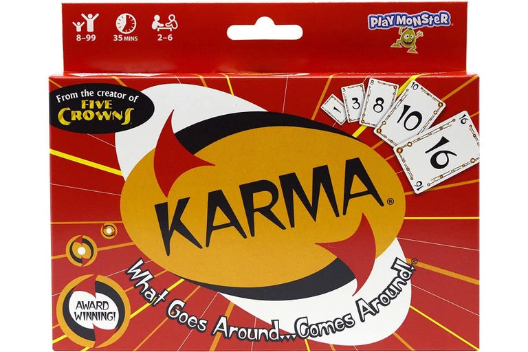 Karma card game packaging with red background and visible branding