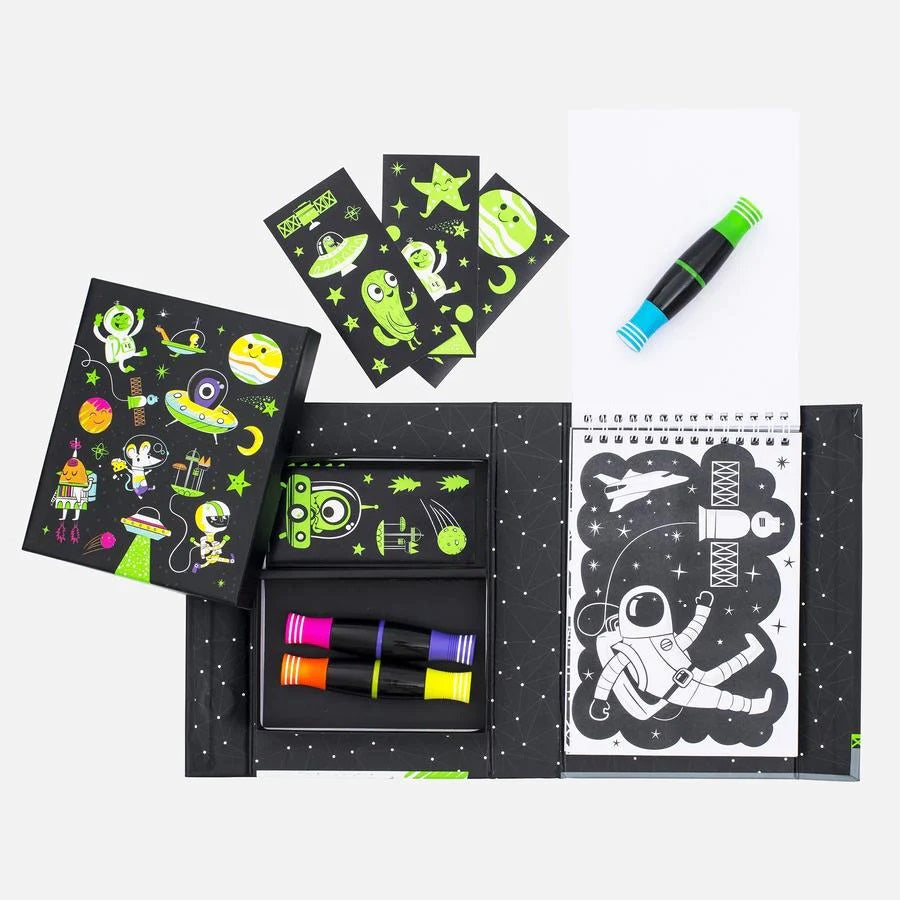colouring set for boys space themed with stickers and colouring sheets and neon pens