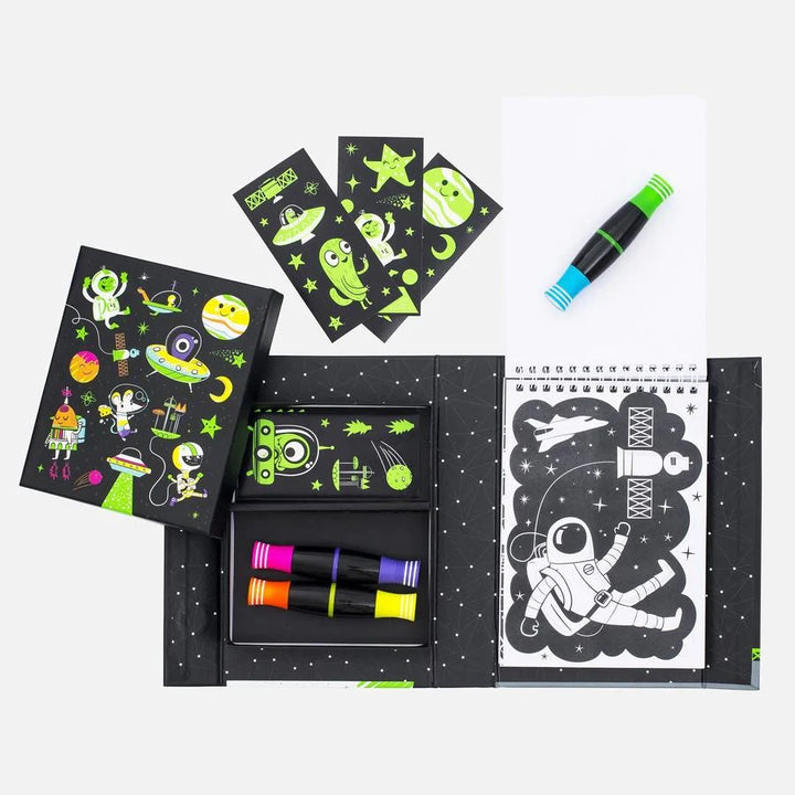 colouring set for boys space themed with stickers and colouring sheets and neon pens