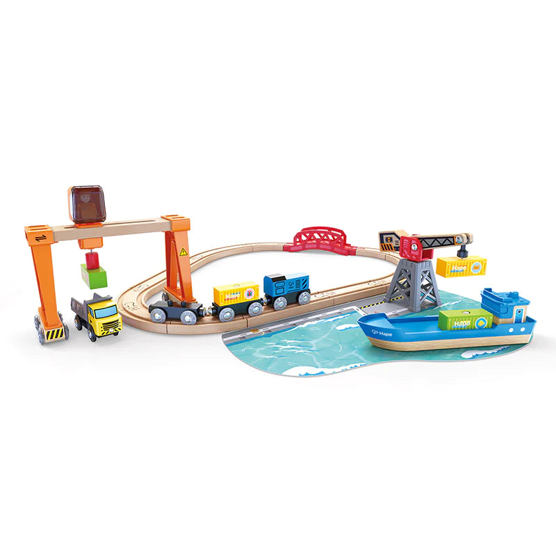 hape train set lift and load from the harbour