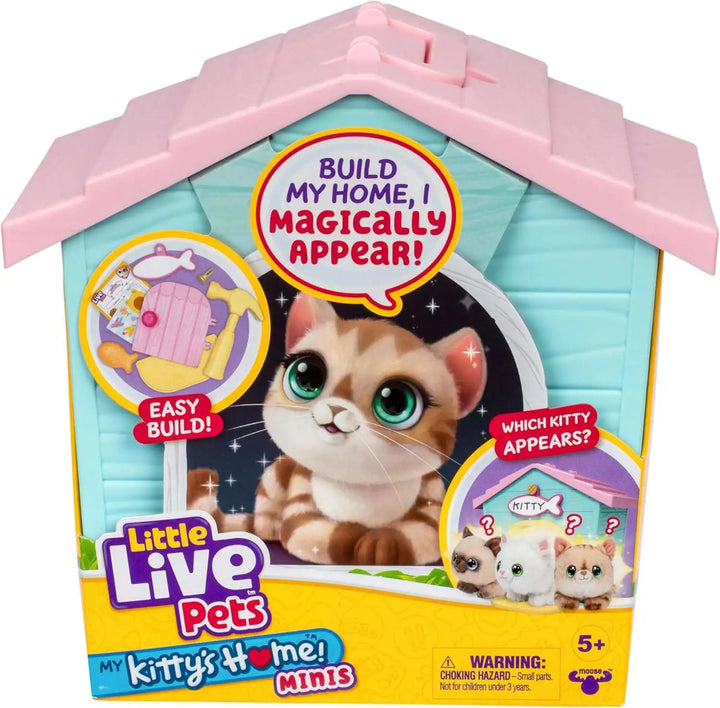 Little Live Pets toy packaging with a cat illustration and text about building a home.