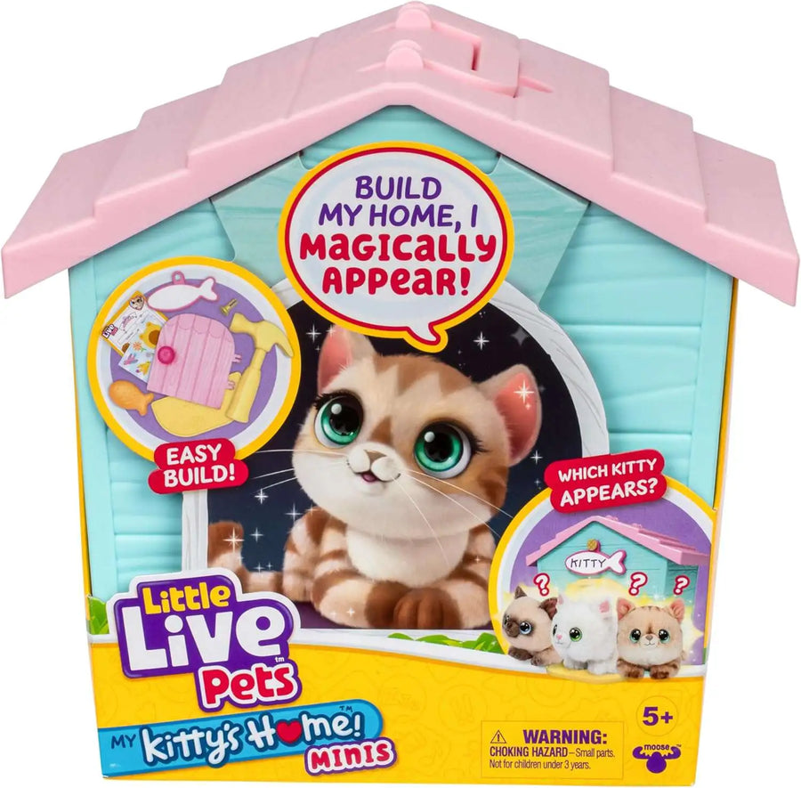 Little Live Pets toy packaging with a cat illustration and text about building a home.