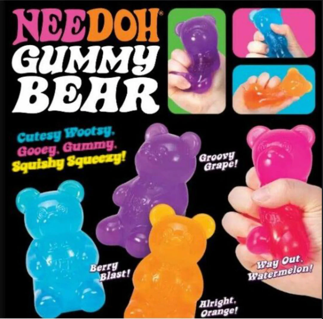 Advertisement for NEEDOH Gummy Bear toys with colorful bears and text on a black background.