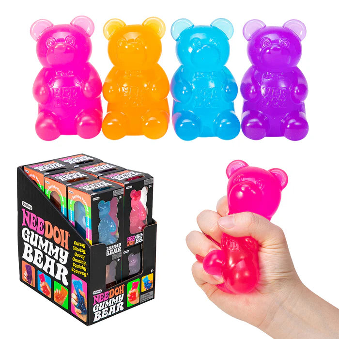 Colorful gummy bear stress relievers with packaging and a hand holding a pink one.