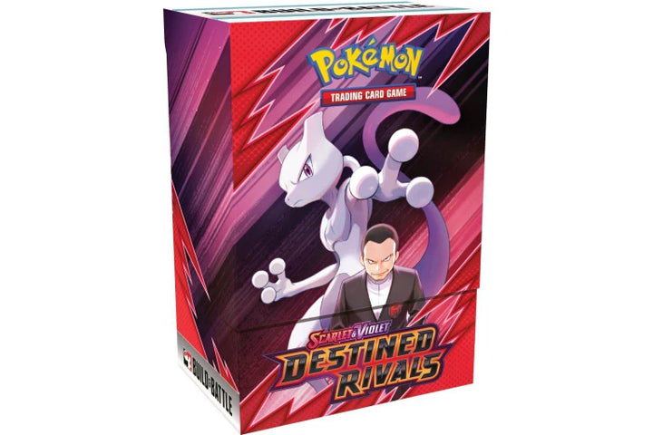 Pokémon Trading Card Game box with Mewtwo and a person on a red and purple background Pokemon Scarlet & Violet 10 Destined Rivals Build & battle box