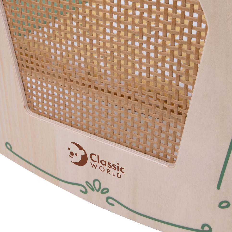 toy cot with woven design and 'Classic World' branding on a white background