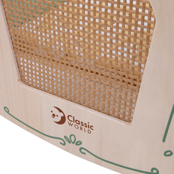 toy cot with woven design and 'Classic World' branding on a white background