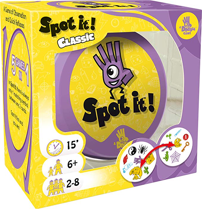 The image shows the packaging of the game 'Spot it', featuring a colorful design with the game's visual puzzle symbol and information that it is suitable for ages 6+ and can be played by 2-8 players. kidzstuffonline