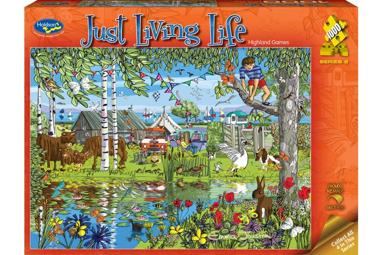 Jigsaw puzzle box titled 'Just Living Life' with a colorful illustration of a village scene highland games puzzle 1000 piece