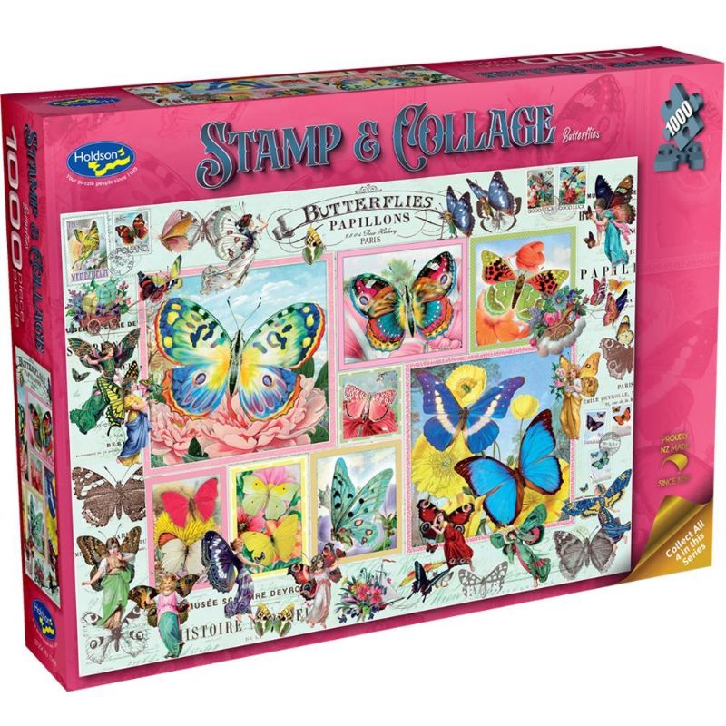 Holdson Stamp & Collage Butterflies puzzle box with colorful butterfly illustrations on a pink background