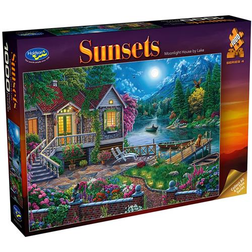 1000 Piece Puzzle Sunsets - Moonlight House by the Lake
