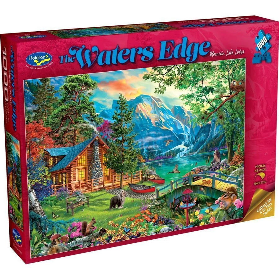Jigsaw puzzle box titled 'The Waters' Edge' with a scenic design of a cabin and lake.nz made puzzle