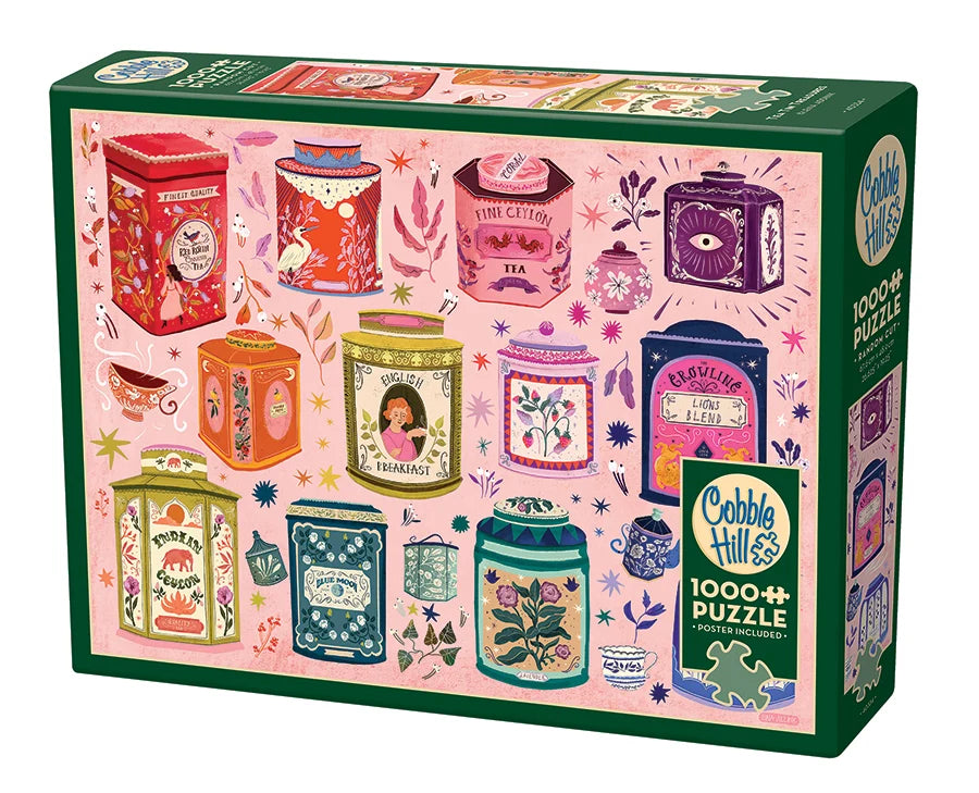 Cobble Hill 1000 piece puzzle box with colorful tea canister design on a pink background