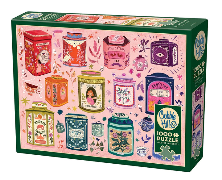 Cobble Hill 1000 piece puzzle box with colorful tea canister design on a pink background