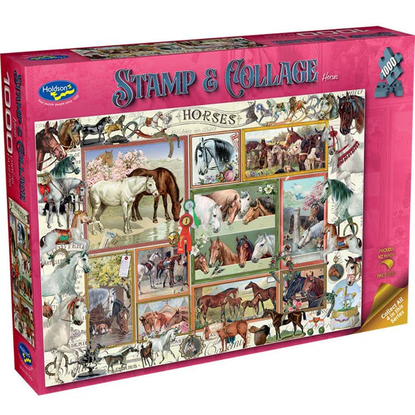 Holdson Stamp & Collage Horses puzzle box with images of horses on a pink background