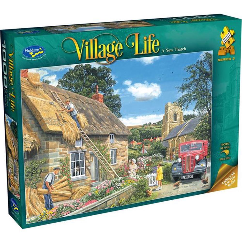 Jigsaw puzzle box titled 'Village Life' with a scenic village scene on the cover.