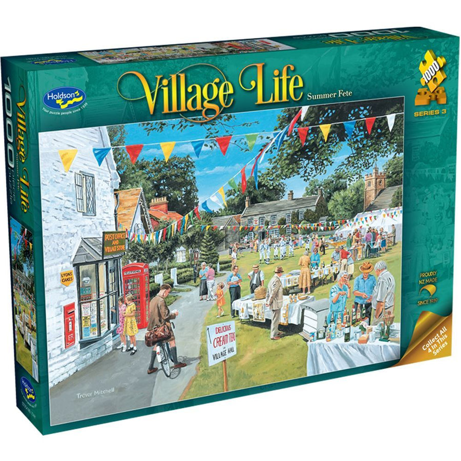 Holdson 'Village Life Summer Fete' puzzle box with colorful village scene illustration.