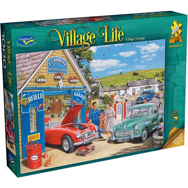 Box for a puzzle titled 'Village Life Village Garage' featuring vintage cars and a garage.