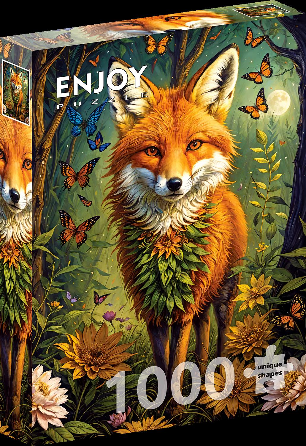 Jigsaw puzzle box with a fox design and 'ENJOY' branding