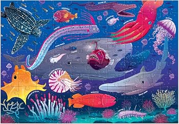 A colorful educational poster or art print depicting an underwater ocean scene with labeled sea creatures including a whale shark, octopus, squid, fish, shark, jellyfish, and coral in a bright illustrated style.