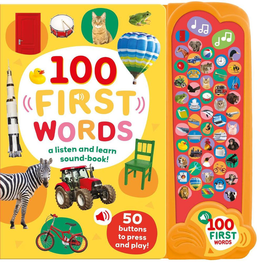 100 first words books cover featuring tractor, zebra, rocket, hot air  balloon etc