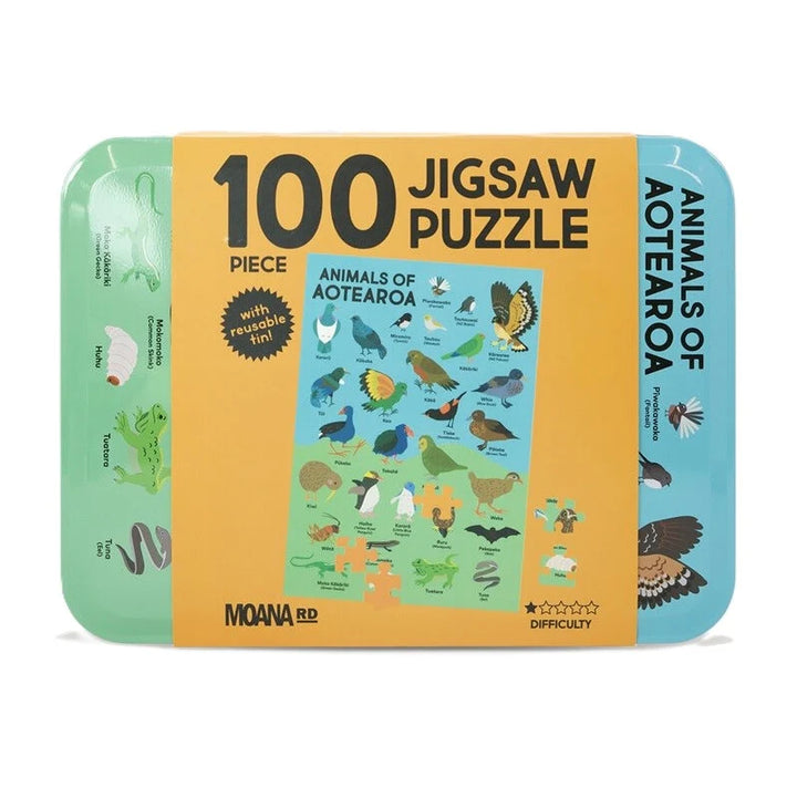 A 100-piece jigsaw puzzle box for 'Animals of Aotearoa' by Moana RD, featuring a colorful cover with illustrations of various New Zealand birds and animals on an orange background with mint green and light blue sides.