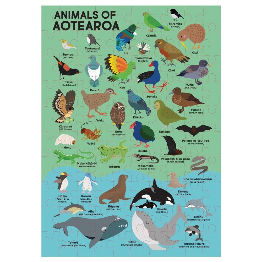 A completed jigsaw puzzle featuring an educational 'Animals of Aotearoa' marine and native animal chart on a light green and blue background, with many illustrated birds, seals, whales, and sea lions and their New Zealand names.