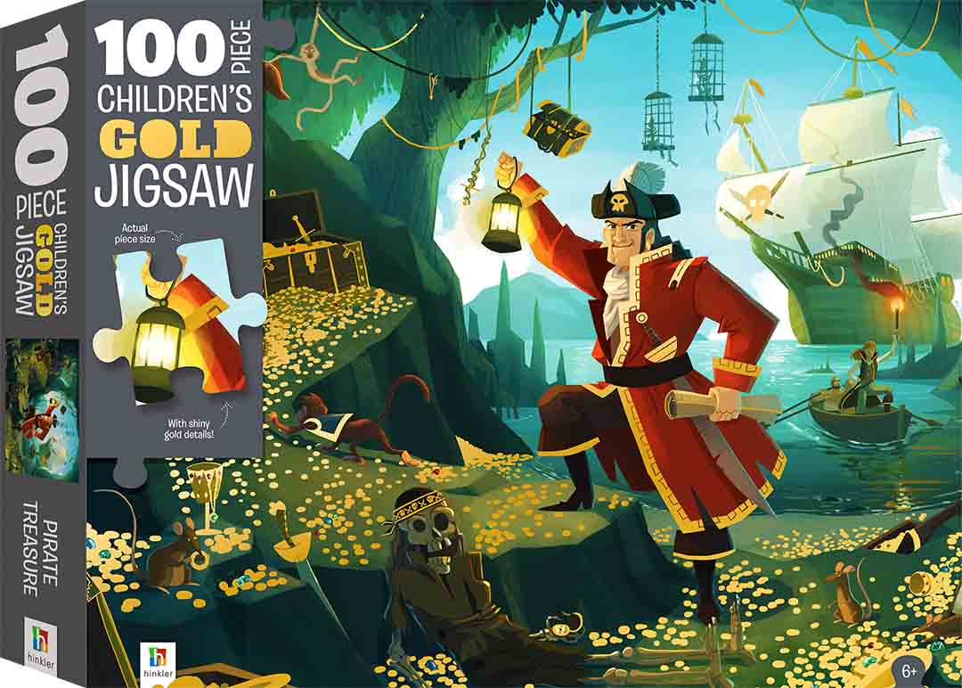 Children's gold jigsaw puzzle box with a pirate theme