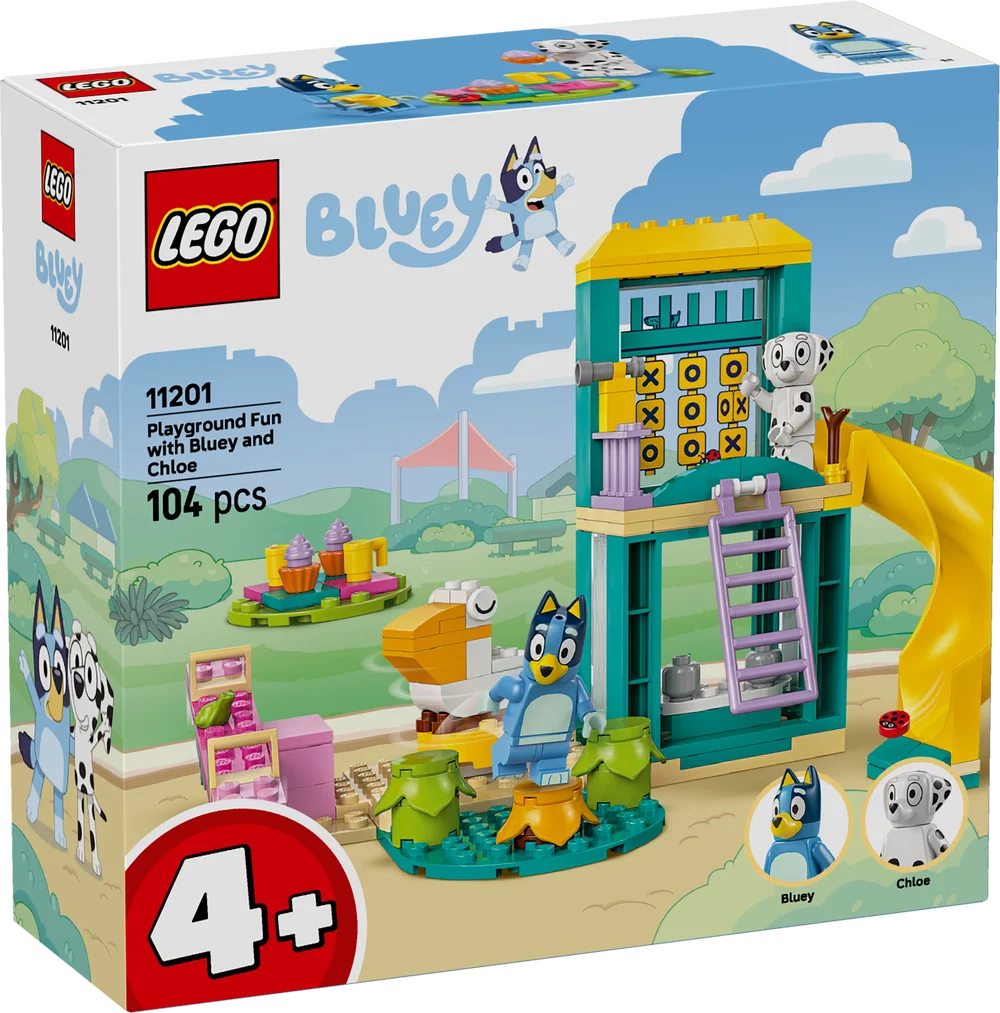 LEGO Bluey playground set packaging with characters and play elements.