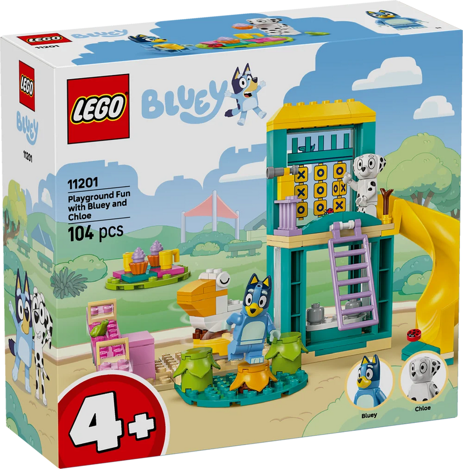 LEGO Bluey playground set packaging with characters and play elements.