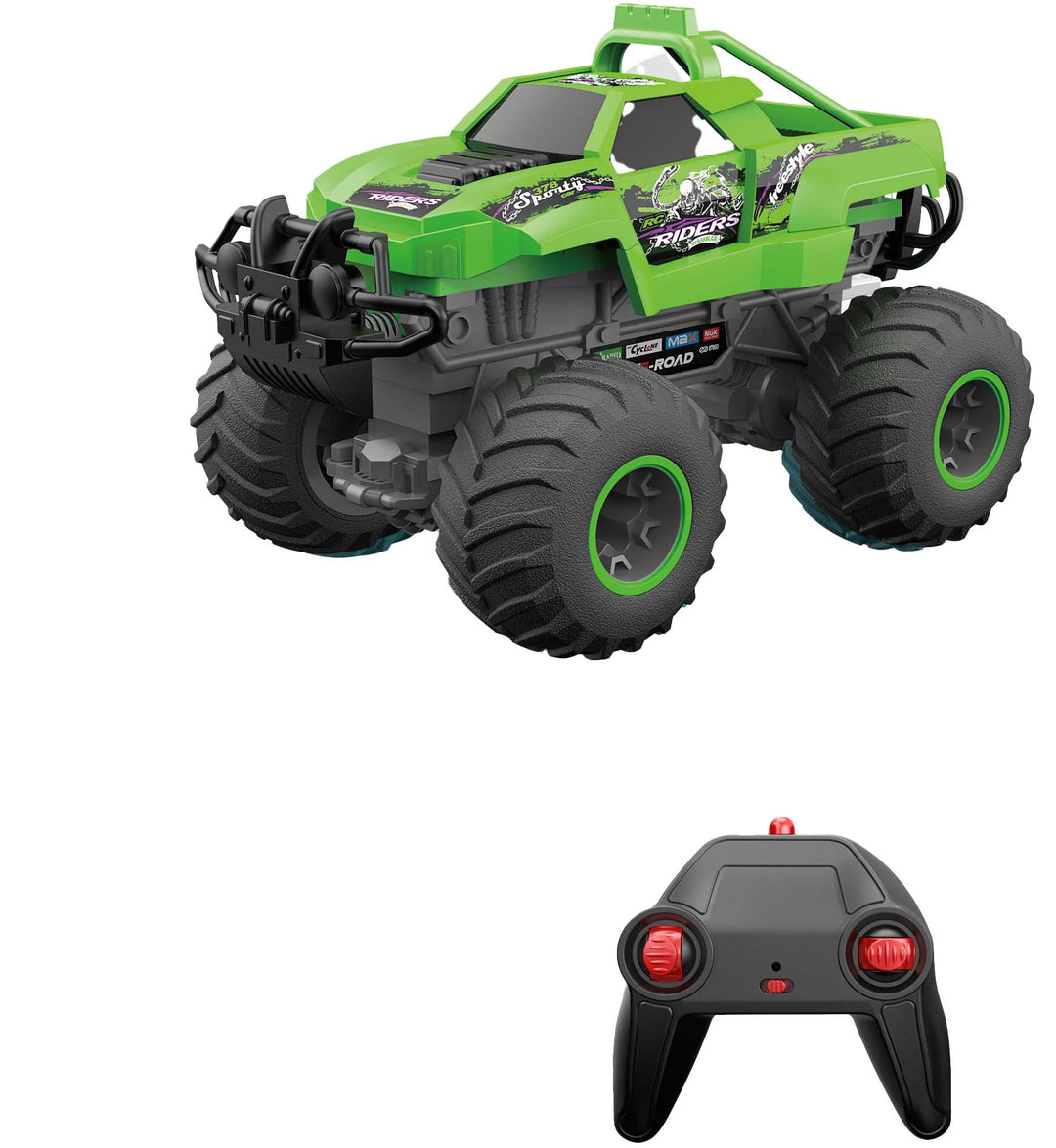 Green monster truck toy with large wheels and a remote control on a white background