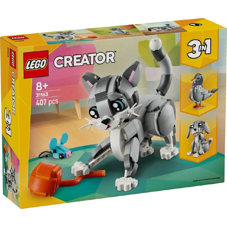 LEGO Creator cat set packaging with toy cat and mouse on a colorful background