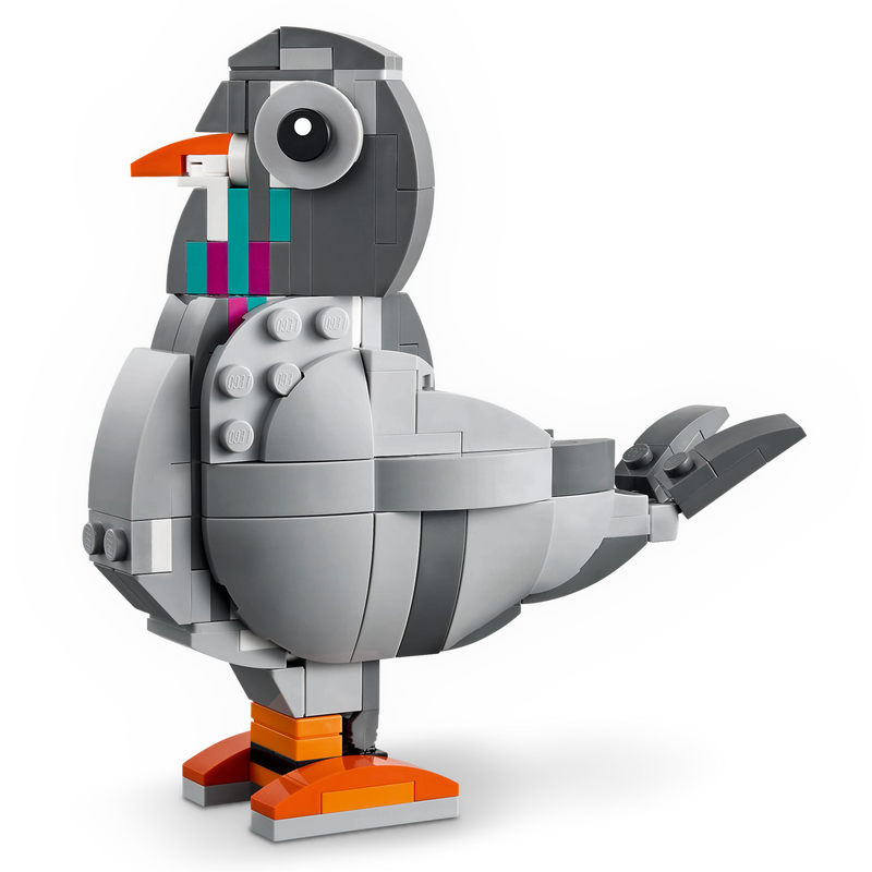 Toy bird made of interlocking bricks on a white background
