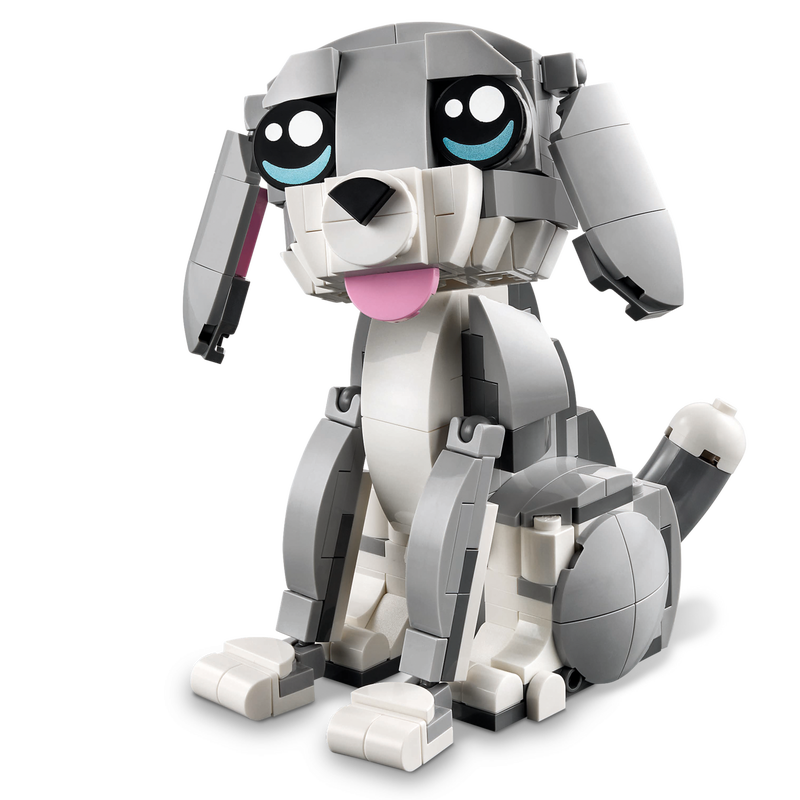 Toy dog figure made of interlocking bricks on a white background