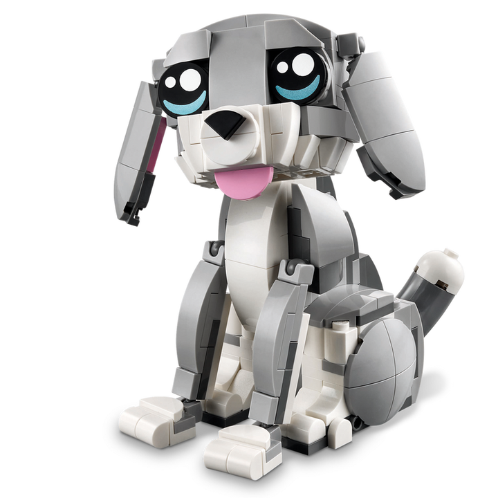 Toy dog figure made of interlocking bricks on a white background