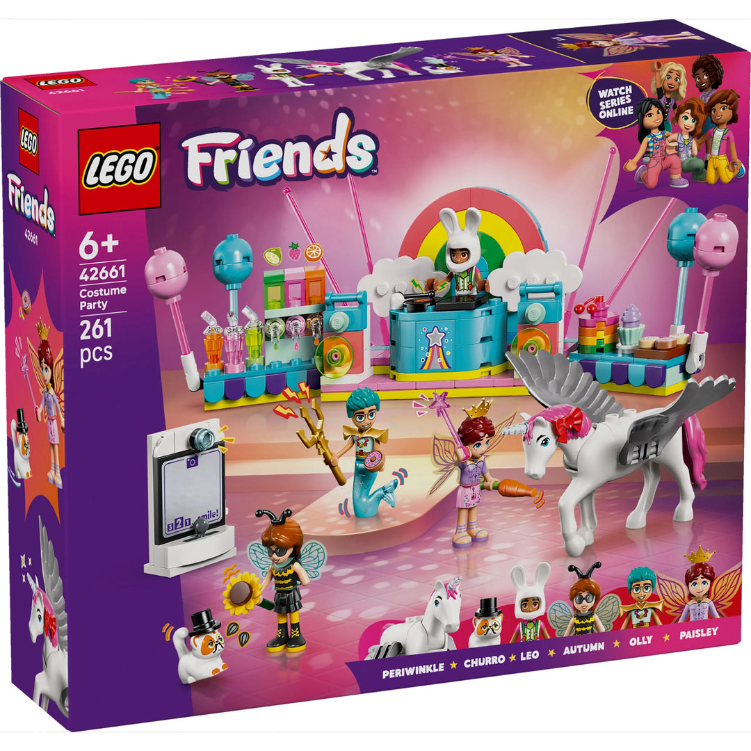 LEGO Friends costume party set packaging with characters and items on a colorful background