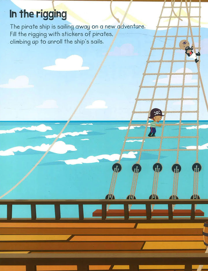 A children's educational book illustration showing a pirate ship sailing on the ocean with text at the top reading 'In the rigging.' Two cartoon pirates are shown climbing a rope ladder on the ship.