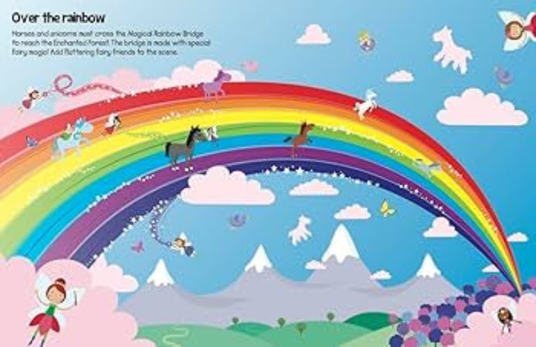 A colorful children's book cover or poster illustration featuring a bright rainbow arching over a whimsical landscape with mountains, clouds, unicorns, and fantasy characters. The title text at the top reads 'Over the rainbow' with smaller descriptive text below.