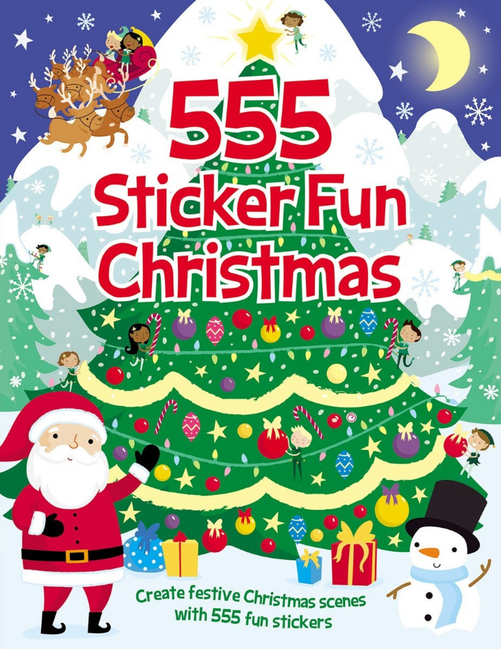 cover of 555 sticker fun christmas book with santa, christmas tree, and snowman being situated in the foreground and a sled and the north pole being seen in the background