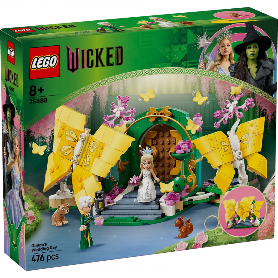 LEGO Wicked set packaging with characters and butterflies on a green background