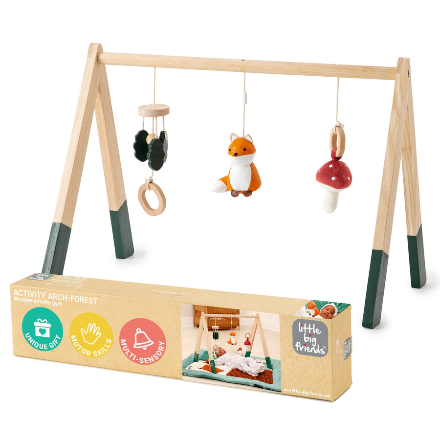 Wooden baby play gym with hanging toys and packaging on a white background