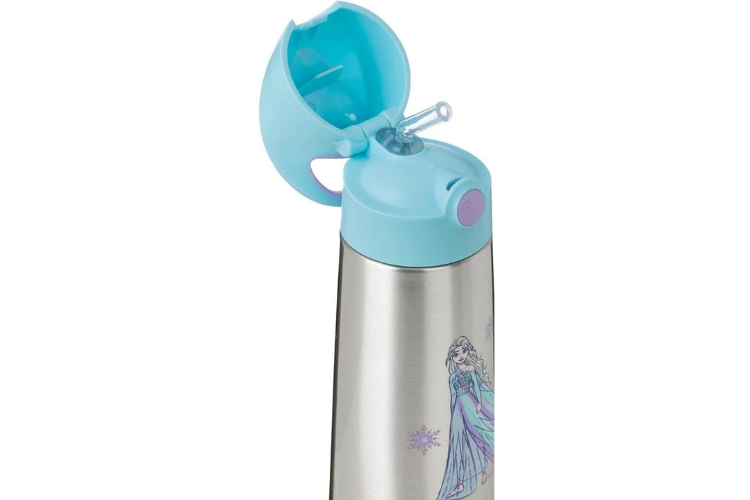 A stainless steel water bottle with a light blue flip-top lid and a printed illustration of Elsa from Frozen on the front, shown against a plain white background.